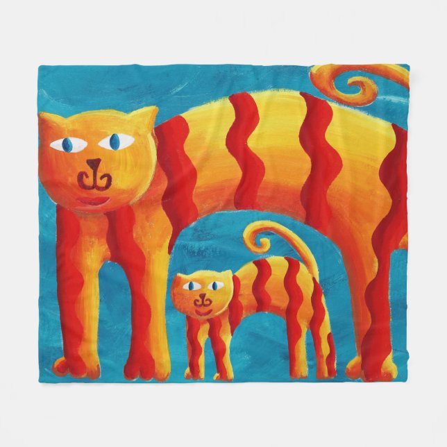 Fun Trendy  Whimsical Curved Cat and Kitten Fleece Blanket (Front (Horizontal))