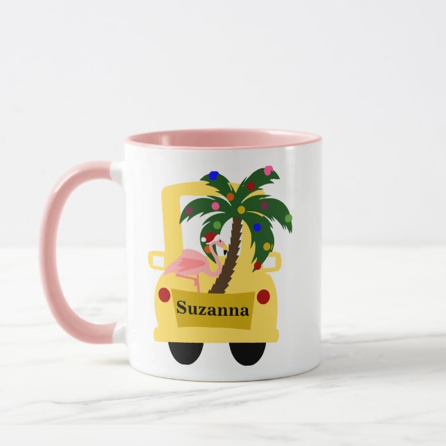 Fun Tropical Christmas Tree Farm with Flamingo Mug (Left)