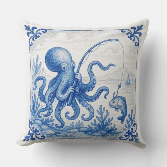 Fun Tropical Delft style Tile Octopus Throw Pillow (Front)