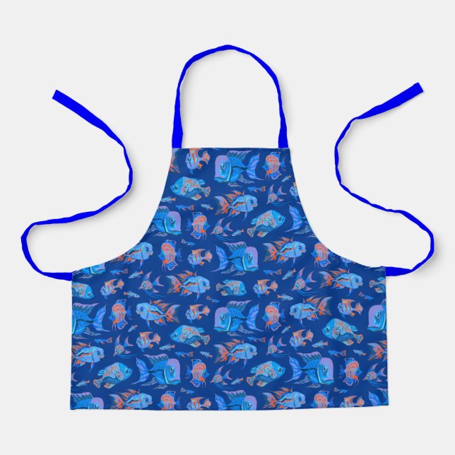 Fun tropical fishes on blue apron (Front)