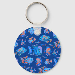 Fun tropical fishes on blue keychain