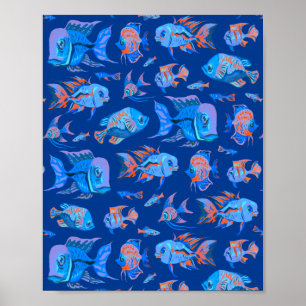 Fun tropical fishes on blue poster