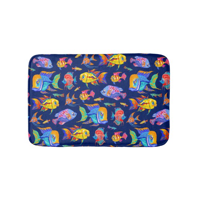 Fun tropical fishes on dark blue bath mat (Front)