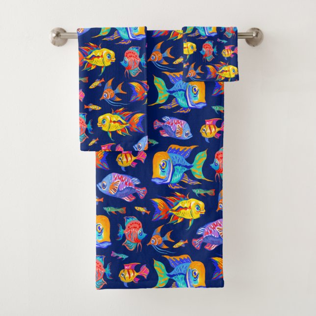 Fun tropical fishes on dark blue bath towel set (Insitu)