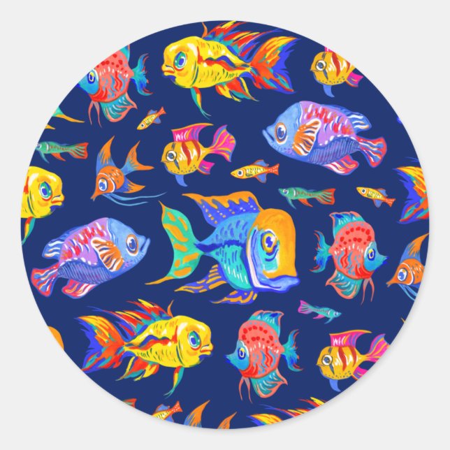 Fun tropical fishes on dark blue classic round sticker (Front)
