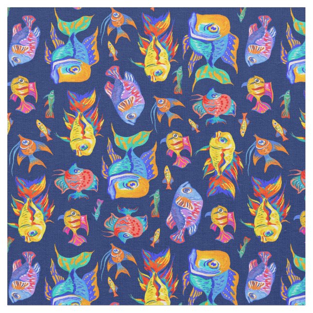 Fun tropical fishes on dark blue fabric (Close Up)