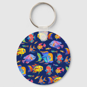 Fun tropical fishes on dark blue keychain