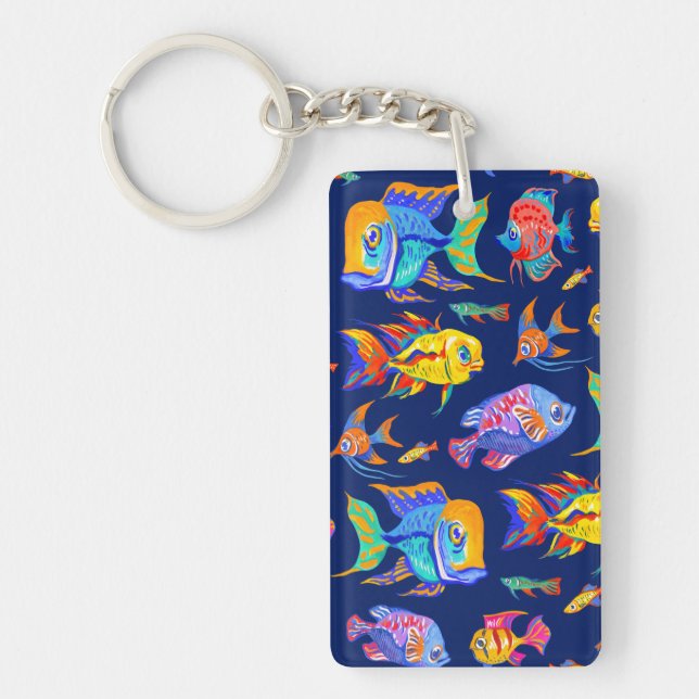 Fun tropical fishes on dark blue keychain (Front)