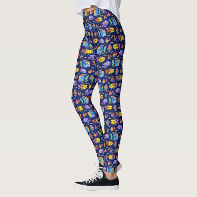 Fun tropical fishes on dark blue leggings (Left)