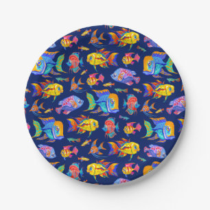 Fun tropical fishes on dark blue paper plate