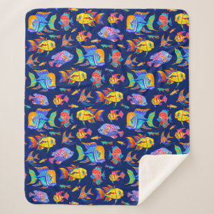 Fun tropical fishes on dark blue sherpa blanket