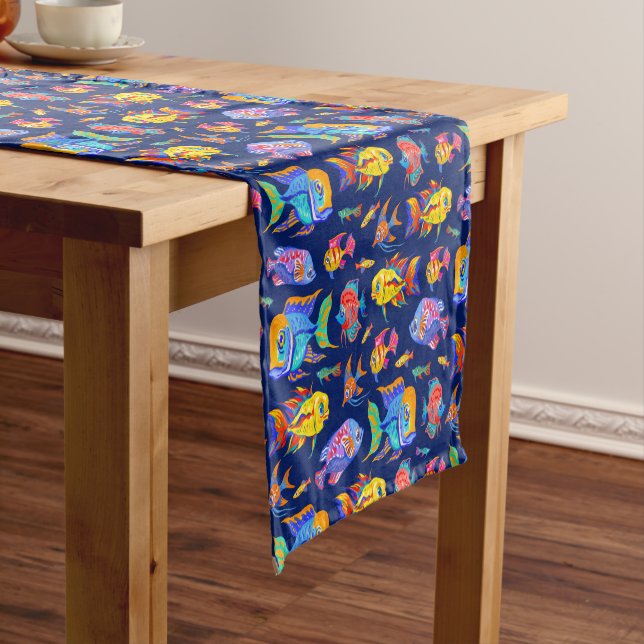 Fun tropical fishes on dark blue short table runner (In Situ)