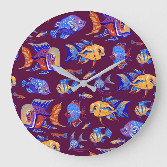 Fun tropical fishes on dark purple large clock (Front)