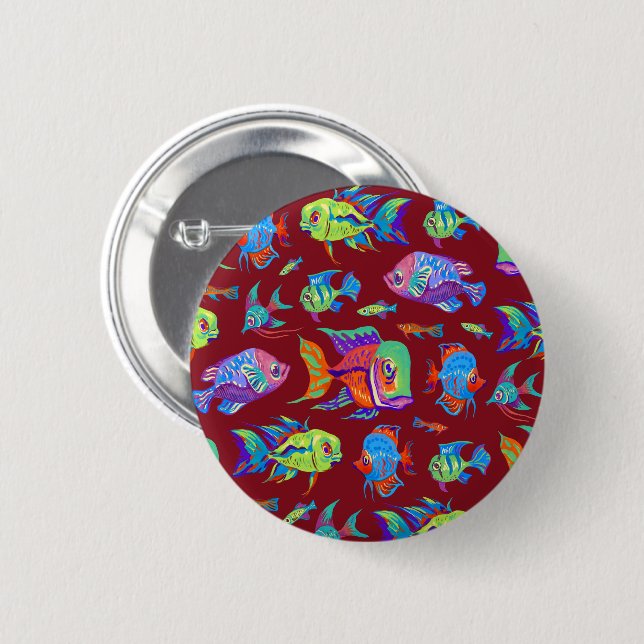 Fun tropical fishes on dark red 2 inch round button (Front & Back)