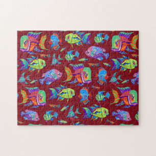 Fun tropical fishes on dark red jigsaw puzzle