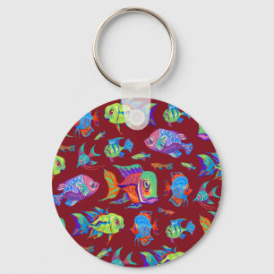 Fun tropical fishes on dark red keychain
