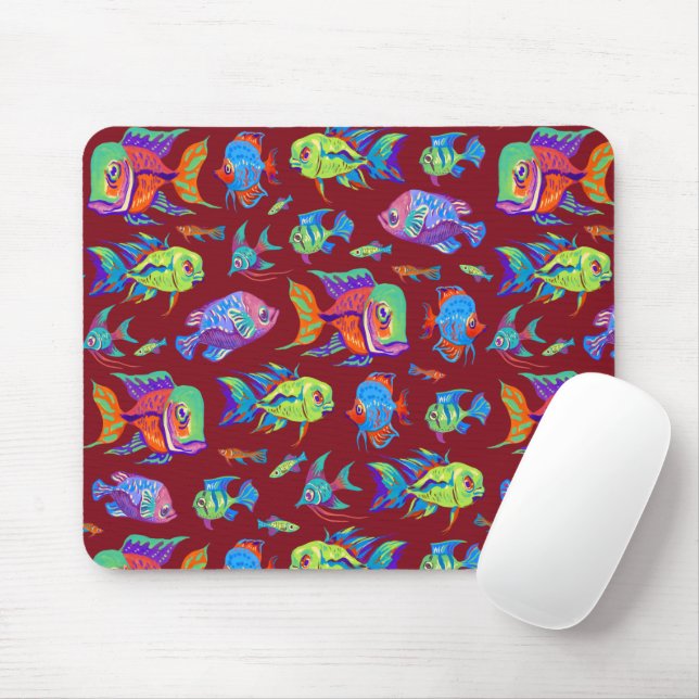 Fun tropical fishes on dark red mouse pad (With Mouse)