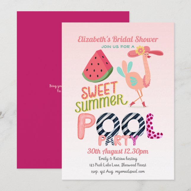 Fun Tropical Flamingo Pool Party Pink Blue Modern Invitation (Front/Back)