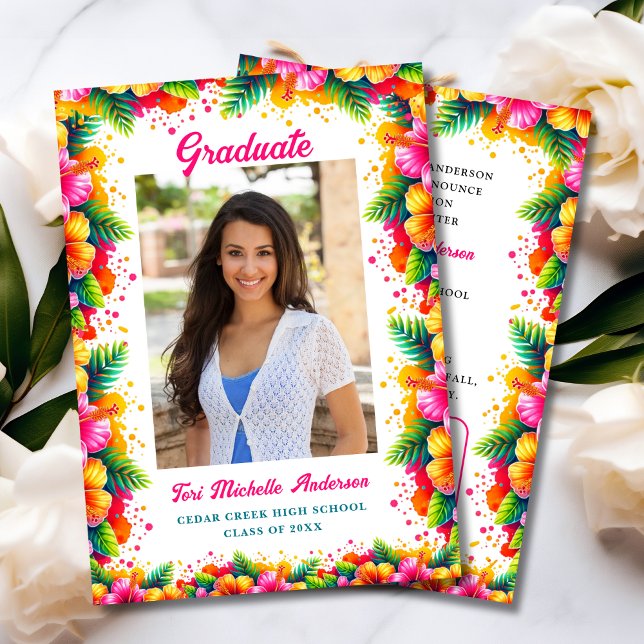 Fun Tropical Floral Graduation Faire-part (Créateur téléchargé)