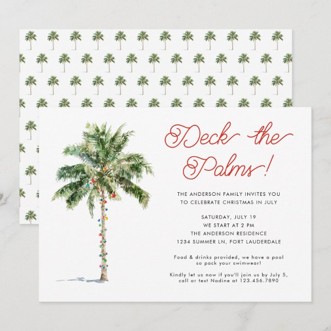 Fun Tropical Palm Tree Christmas in July Party Invitation (Front/Back)
