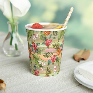 Fun Tropical Pineapple Fruit Floral Leaves Pattern Paper Cups