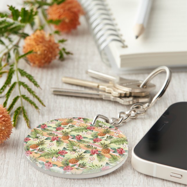 Fun Tropical Pineapple Fruit Floral Stripe Pattern Keychain (Front Right)