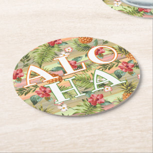 Fun Tropical Pineapple Fruit Floral Stripe Pattern Round Paper Coaster
