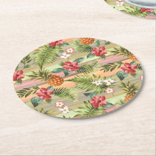 Fun Tropical Pineapple Fruit Floral Stripe Pattern Round Paper Coaster