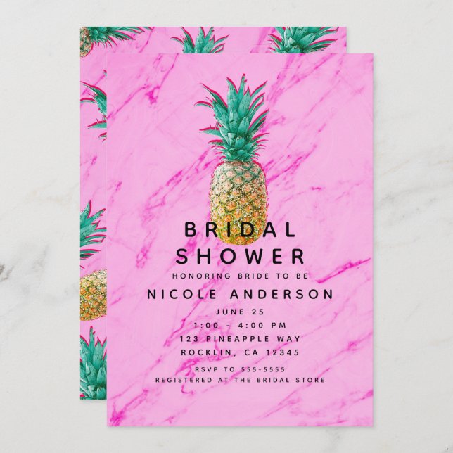 Fun Tropical Pineapple & Pink Marble Modern Bridal Invitation (Front/Back)