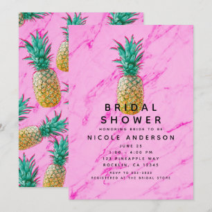 Fun Tropical Pineapple & Pink Marble Modern Bridal Invitation