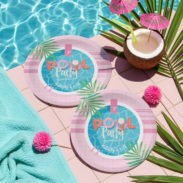 Fun Tropical Pink & Blue Summertime Pool Party Paper Plate (Fun Tropical Pink & Blue Summertime Pool Party Paper Plates)