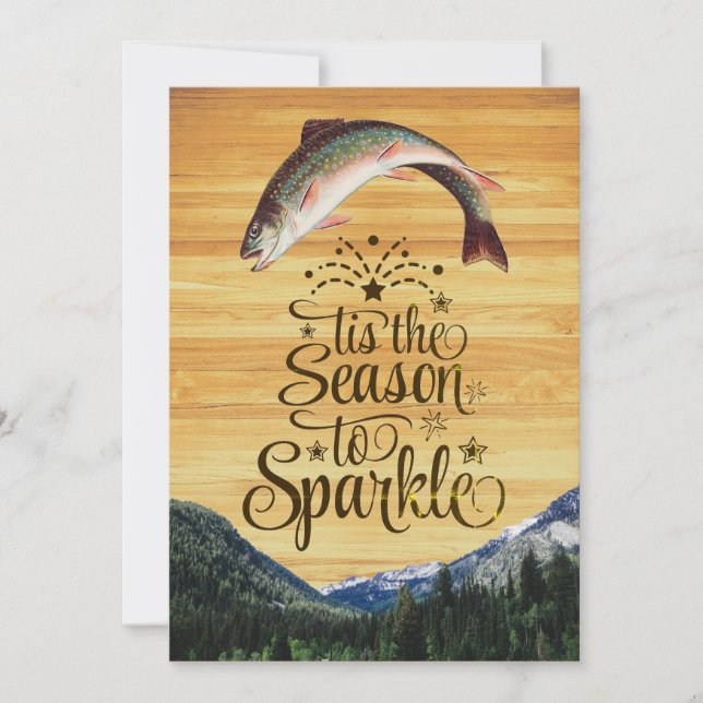 Fun trout Seasons greetings on woodgrain Holiday Card (Front)