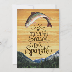Fun trout Seasons greetings on woodgrain Holiday Card