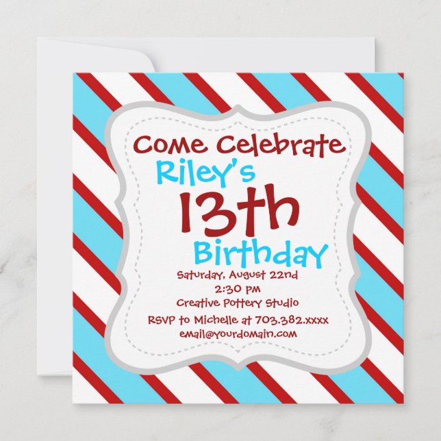 Fun Turquoise Blue Red and White Diagonal Stripes Invitation (Front)
