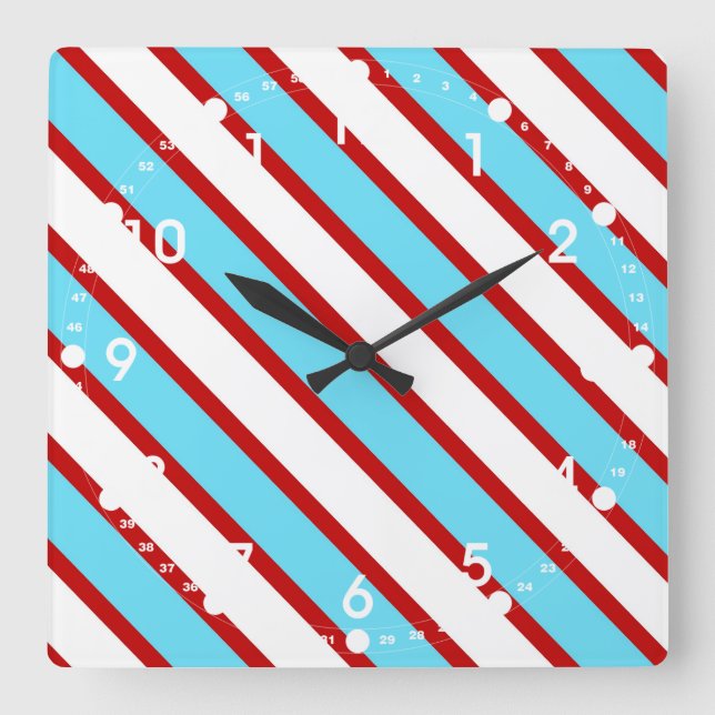Fun Turquoise Blue Red and White Diagonal Stripes Square Wall Clock (Front)