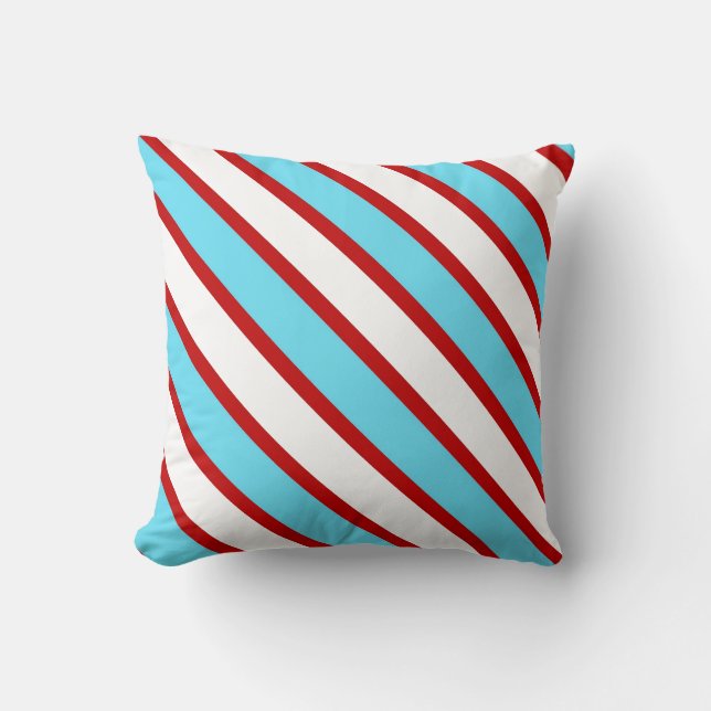 Fun Turquoise Blue Red and White Diagonal Stripes Throw Pillow (Front)