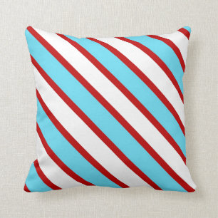 Fun Turquoise Blue Red and White Diagonal Stripes Throw Pillow