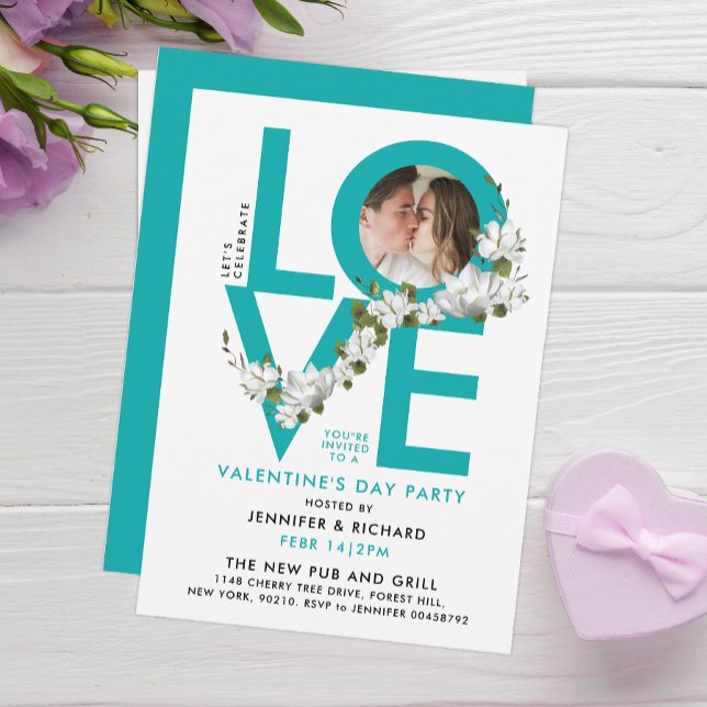 Fun Turquoise Love Celebration Script Photo Floral Invitation (Creator Uploaded)