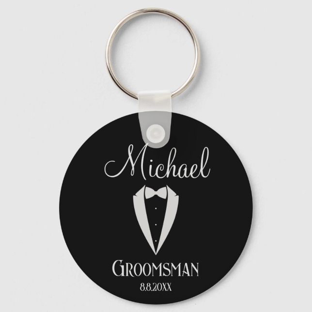 fun tuxedo with bow groomsman  black keychain (Front)