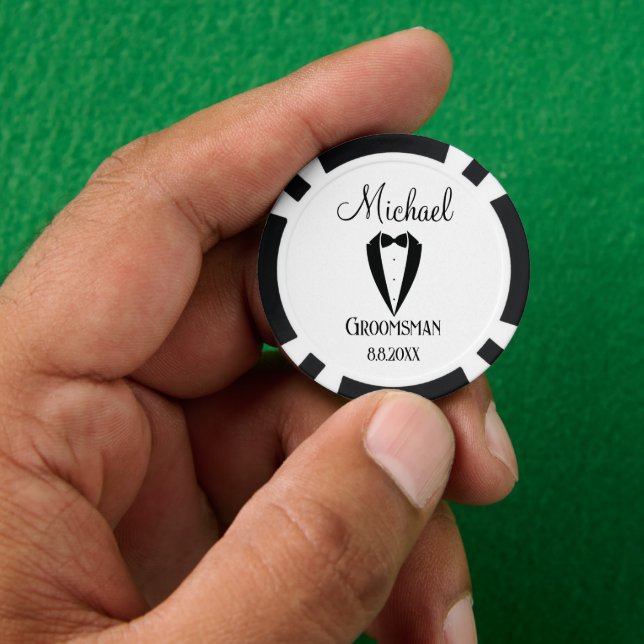 fun tuxedo with bow groomsman personalized chic poker chips (Hand)