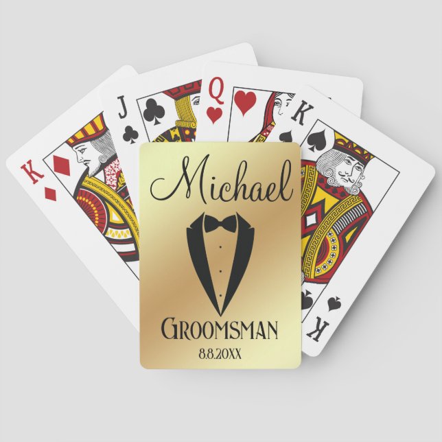 fun tuxedo with bow groomsman personalized gold playing cards (Back)