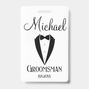 fun tuxedo with bow groomsman personalized modern badge