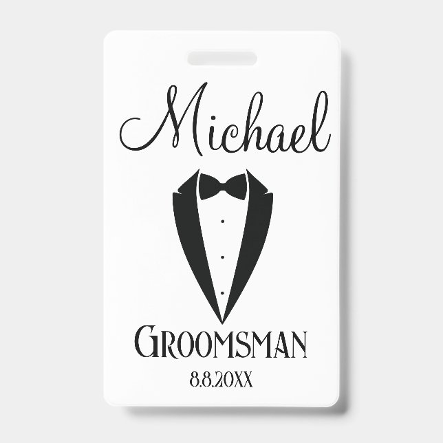 fun tuxedo with bow groomsman personalized modern badge (Front)
