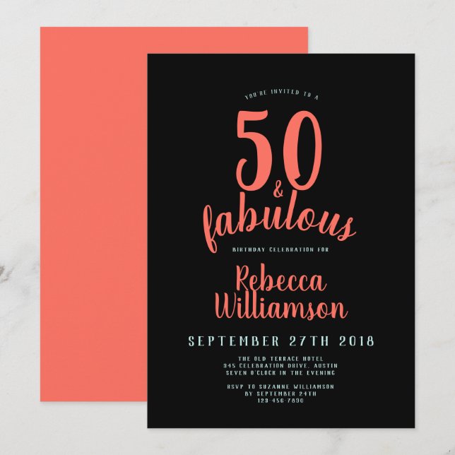 Fun typography Coral Teal and Black 50th birthday Invitation (Front/Back)