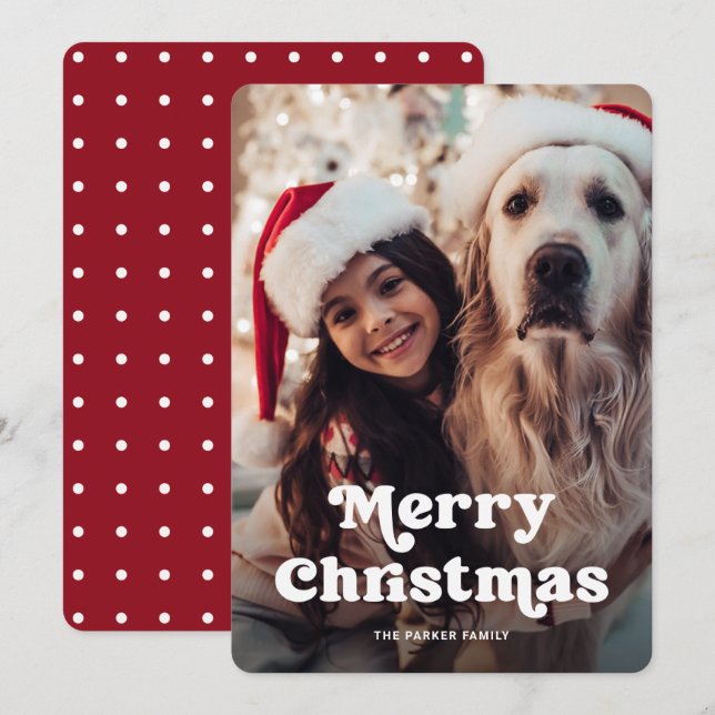 Fun Typography | Red and White Dots with Photo Holiday Card (Front/Back)