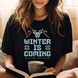 Fun Ugly Christmas Sweater Winter is Coming Shirt<br><div class="desc">Get into the holiday spirit with this Fun Ugly Christmas Sweater-themed T-shirt! Perfect for matching family outfits,  it features a playful "Winter is Coming" design,  customizable with your family name. Cozy,  festive,  and full of holiday cheer!</div>