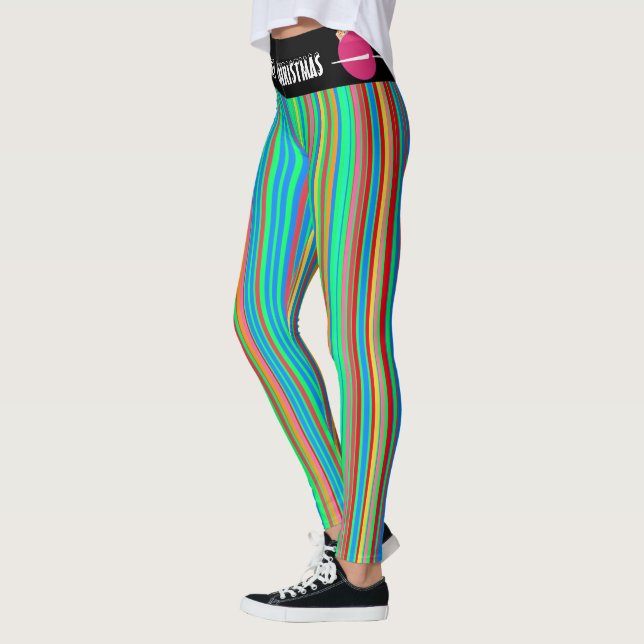Fun Ugly Chrristmas Colourful Ornaments Stripes Leggings (Left)