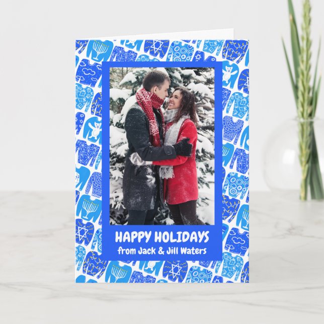 Fun Ugly Hanukkah Sweaters Cute CUSTOM Holiday Card (Front)