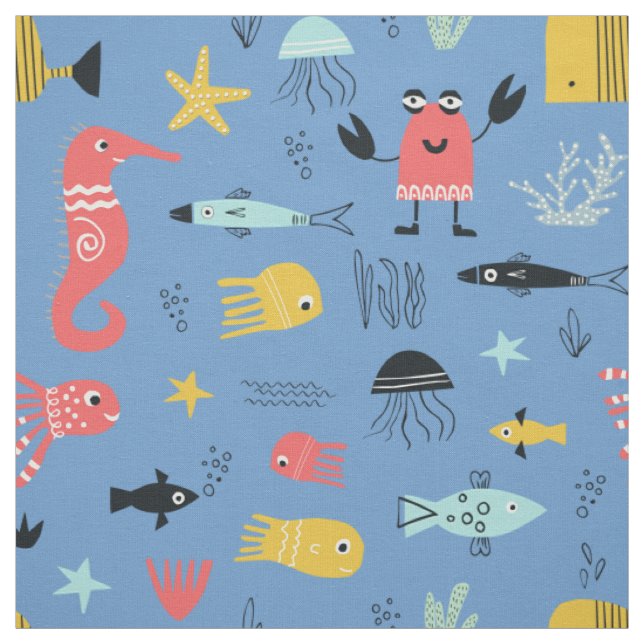 Fun under the sea cute cartoon ocean animals fabric (Swatch)