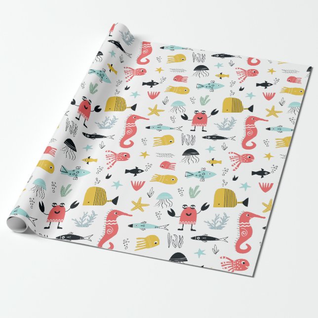 Fun under the sea cute cartoon ocean animals wrapping paper (Unrolled)